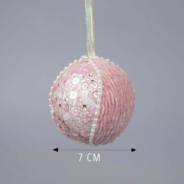 7cm Baby Pink Glitter Round Christmas Baubles, Set of 3 Hanging Decorations with Pearls and Sequins image 3