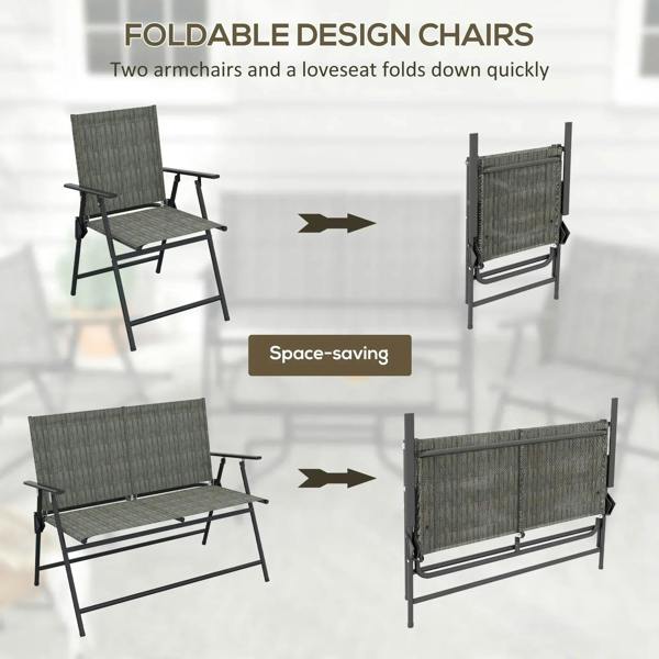 Foldable armchairs and loveseat in dark brown metal with woven high backs