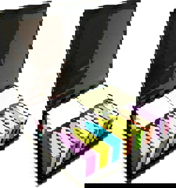 KAV Leather Look Sticky Memo Desktop Box Set with Arrow Flags Index Tabs - MultiColored Self-Stick Notes Holder & Organizer for Office School Supplies