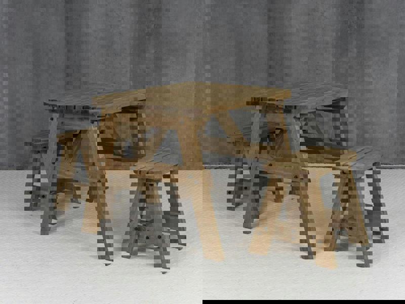 Victoria Space-Saving Rounded Picnic Table and Benches Set – Rustic Finish Wooden Outdoor Dining Set for Gardens and Patios