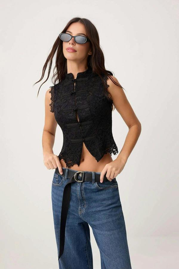 High Neck Sleeveless Guipure Lace Blouse with Brit Detail
