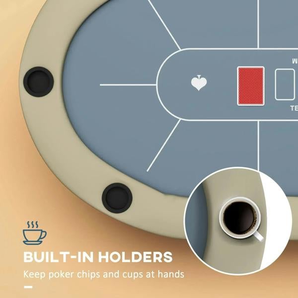 Cup holder recess on blue felt poker table, beige edge, dark circular drink opening