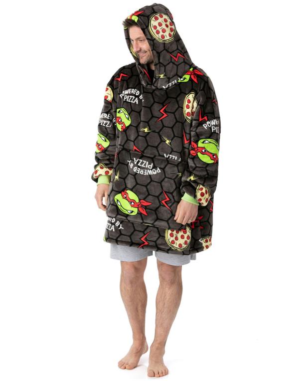 Teenage Mutant Ninja Turtles Mens Grey POWERED BY PIZZA Blanket Hoodie (One Size)