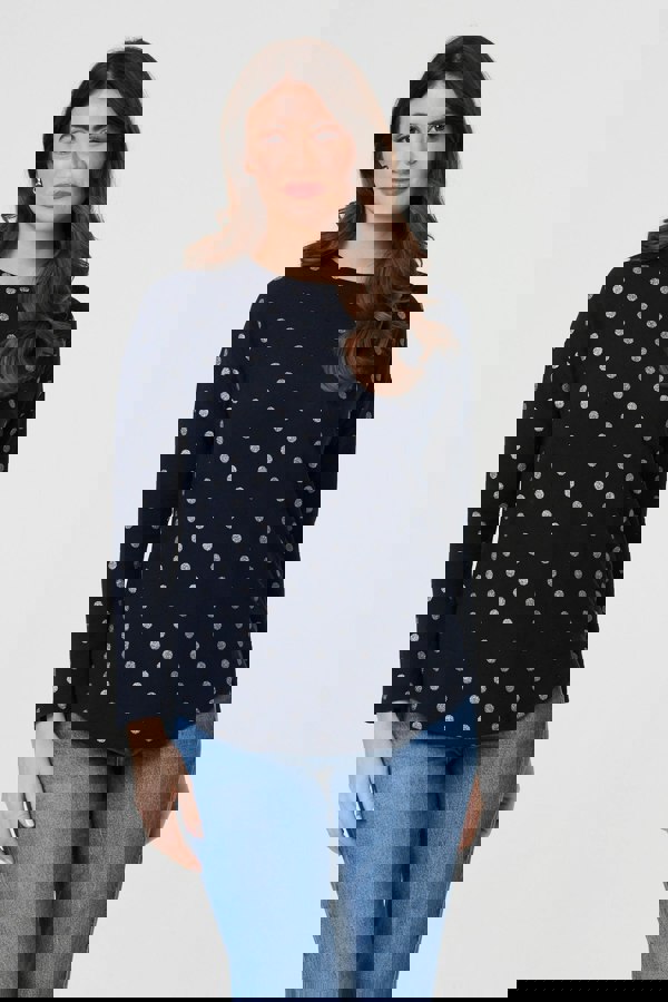 Navy | Polka Dot Print Relaxed Long Sleeve Top : Model is 5'9"/175 cm and wears UK10/EU38/US6/AUS10