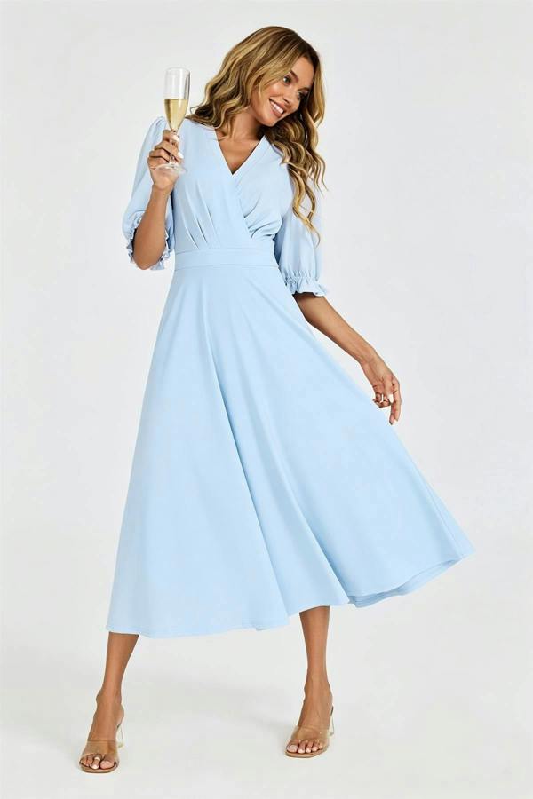 FS Collection Half Sleeves Jersey Midi Dress with Wrap Neckline In Pale Blue