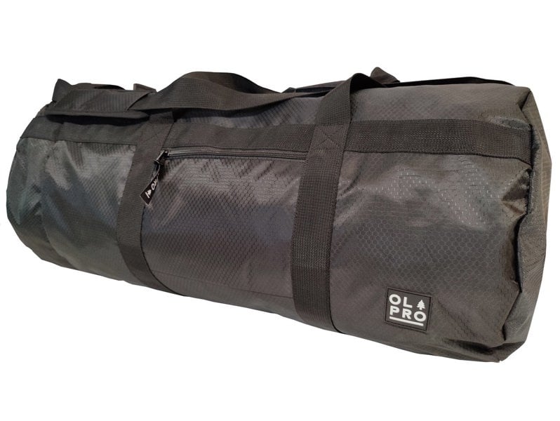 60L Black Holdall / Duffle Bag OLPRO - side view showing logo and straps and zip pocket