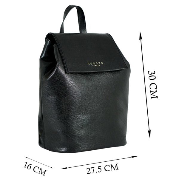 Assots London 'JERMYN' Classic Black Full Grain Leather Flap-over Backpack