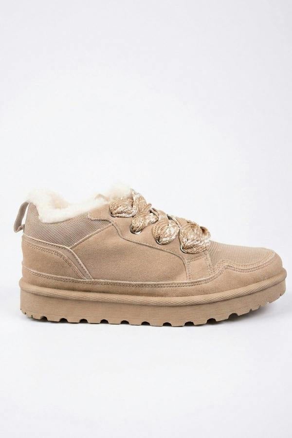 Leiza Chunky Lace Up Faux Fur Trainers - Beige