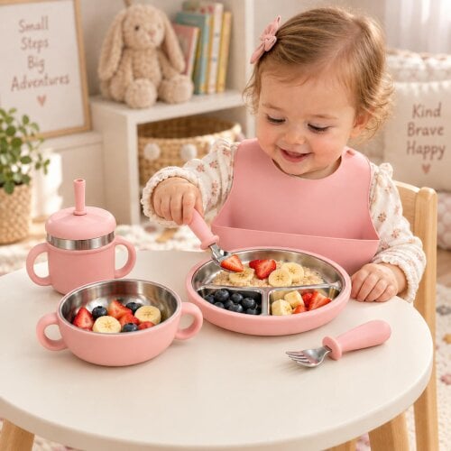 Maison des Cadeaux Set of 7 Baby Feeding & Weaning Set with Stainless Steel Plate, Bowl, Bib, Cup & Cutlery-Pink