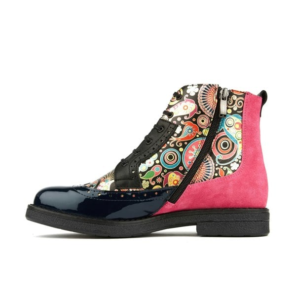Embassy London Hatter - Navy Pink - Women's higher ankle leather boot with brogue styling