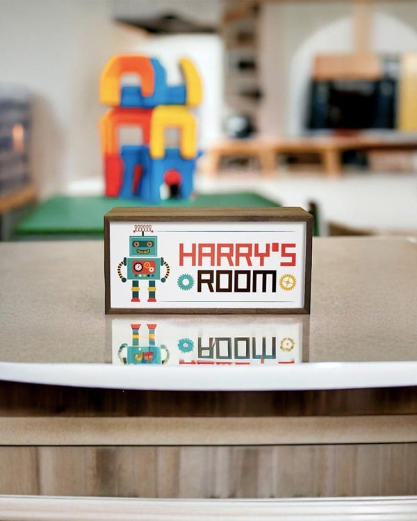 Personalised Robot Light Box for Kids. Custom LED Night Light with Retro Charm