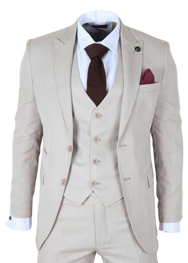 Infinity Leather Men's Cream 3-Piece Tailored Fit Formal Wedding Peak Lapel Suit