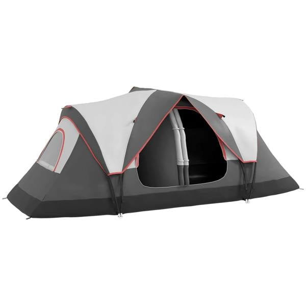 Grey dome camping tent with red-trim dual entry, open front and visible poles