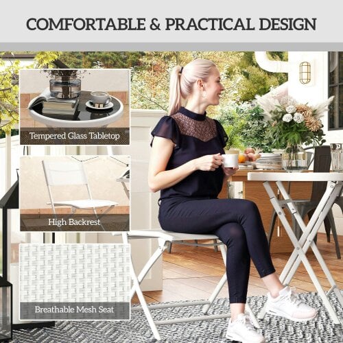 Wyld Haus Lafiyo Glass And Metal White 3 Piece Outdoor Bistro Set With Folding Chairs