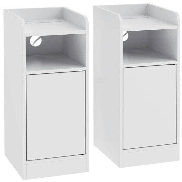 Slim Bedside Table Set of 2 with Charging Station, Narrow Bedside Cabinet with Adjustable Shelf, White