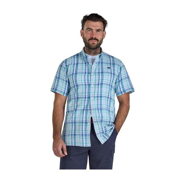 Raging Bull Mens Pacific Checked Linen-Look Short-Sleeved Shirt - Sky Blue - 