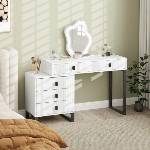 Wyld Haus Nalomo White Vanity Desk With Leaf ShaFauxd Mirror 5 Drawers And 3 Colour LED Lighting