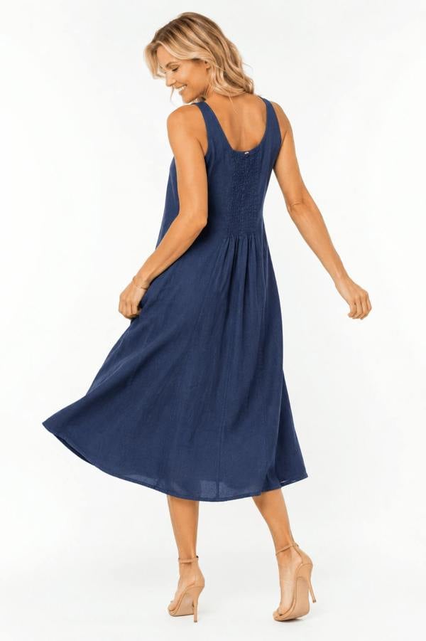 Claudio Lugli Sleeveless Scoop-Neck Linen Midi Dress with Pockets