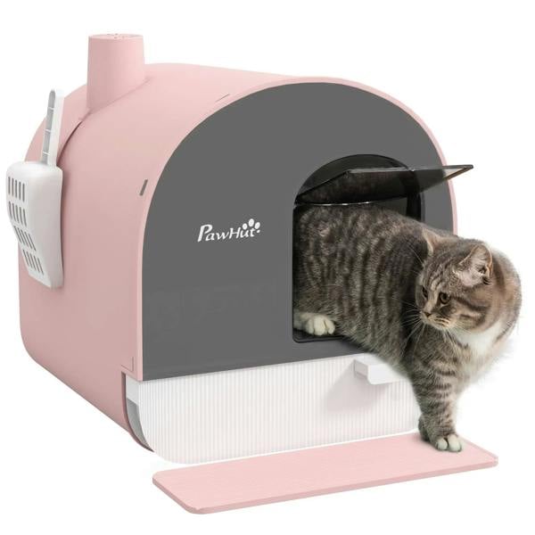 Pink lidded hooded cat litter box with flap door, filter vent and scoop holder