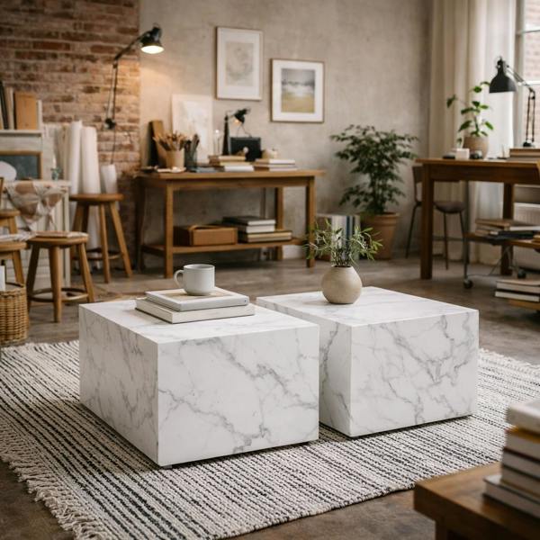 Wyld Haus Set of 2 Munkebo White Marble Carrara Square Coffee Tables
