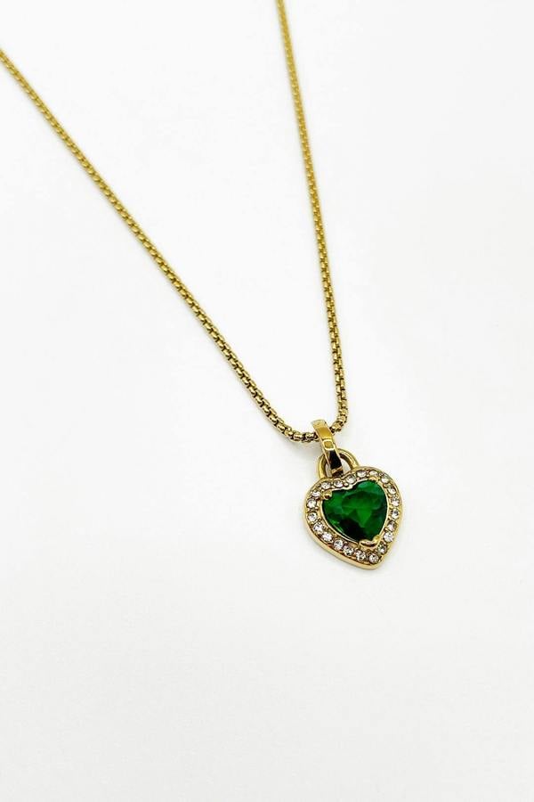 SVNX Emerald Green Diamante Heart Necklace in Gold - Gift Boxed