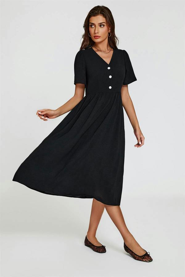 FS Collection Button Front Midi Dress In Black
