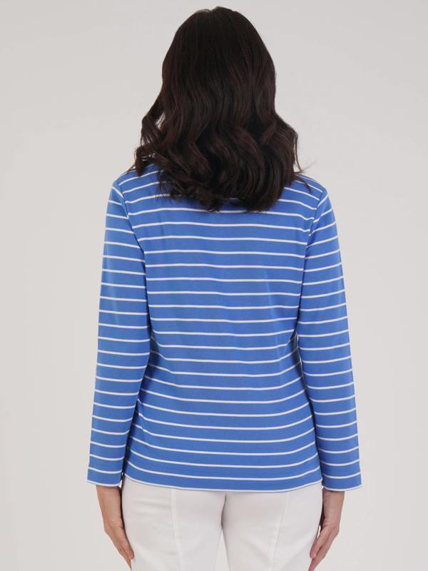 PennyPlain Notch Neck Top - Light Ultramarine/white