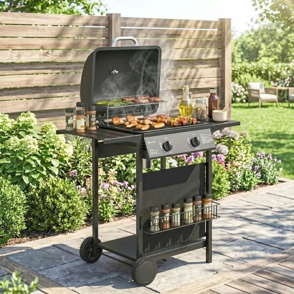 Bobobiy Gas Burner Barbecue Grill, 2 Burner Gas Grill with Side Tables, Warming Rack, Shelf, Thermometer, Grease Tray, Black