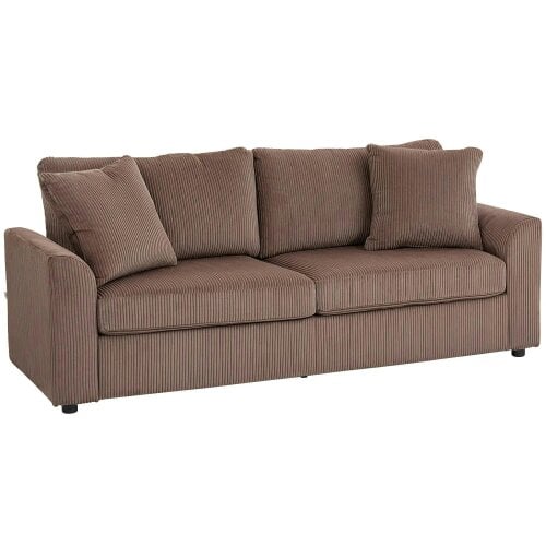 Bobobiy Modern 3 Seater Sofa with Spring Cushion, 212 cm Fabric Jumbo Cord Sofa Couch with 2 Scatter Cushions, Upholstered Corduroy Settee, Coffee