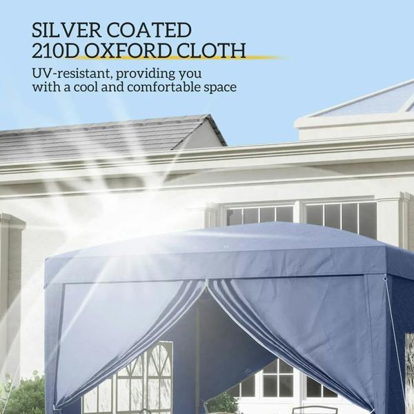 Blue gazebo canopy with silver-coated Oxford fabric and side window panel