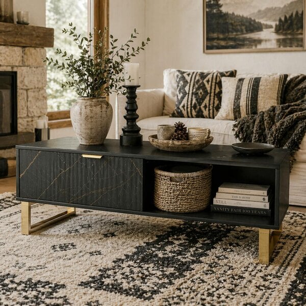 Wyld Haus Neva Wooden Black Marble Effect Coffee Table With Integrated Storage