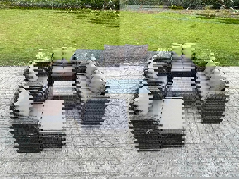 Fimous 7 Seater Dark Grey Mixed Rattan Outdoor Lounge Set - Rectangular Coffee Table, Big Footstool, Loveseat & 2 Side Tables