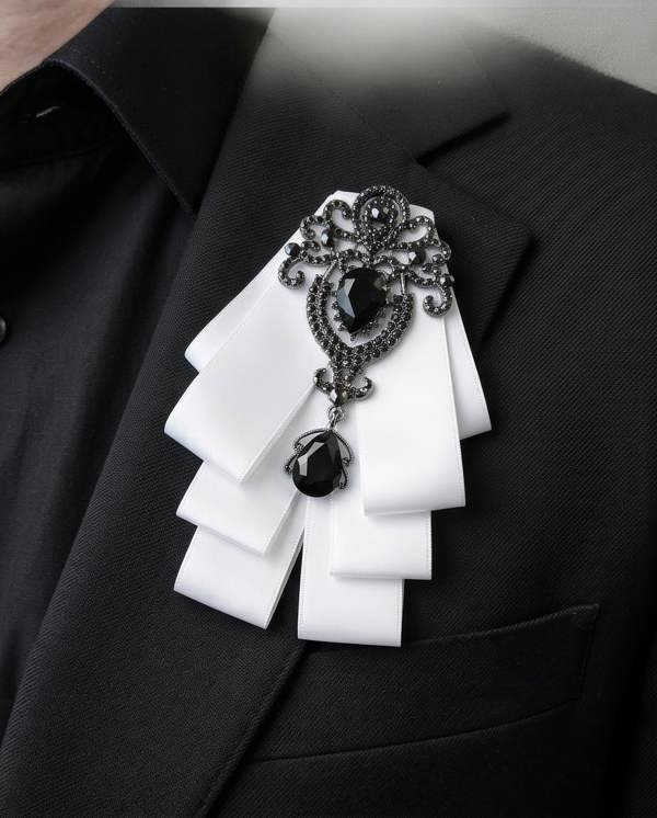 Pamoni Ornate Black Gem & White Ribbon Bow Tie Brooch