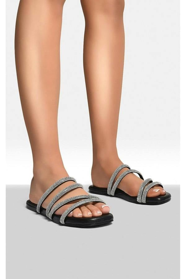 Reya Embellished Asymmetrical Strap Flat Sandals - Black