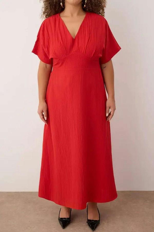 WOVCOR V-Neck Short Sleeve Textured Fabric Woven Maxi Plus Size Dress