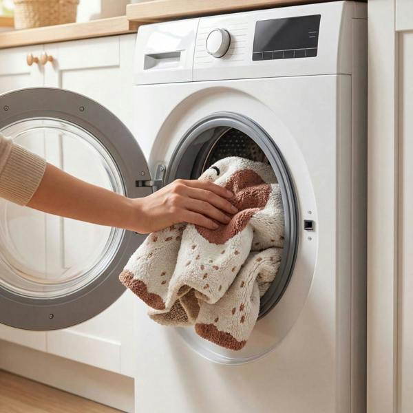 Person placing a towel into a washing machine in a kitchen setting
