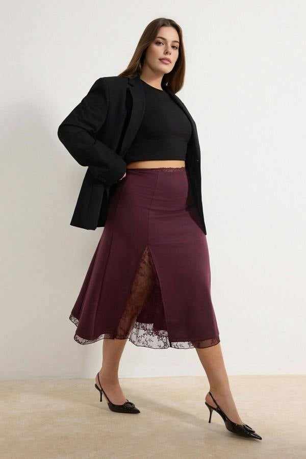 WOVCOR Lace Slit Detail Midi Knitted Plus Size Skirt