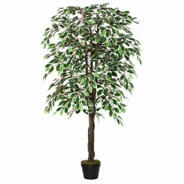 Tall artificial potted tree with green leaf clusters on a dark pot