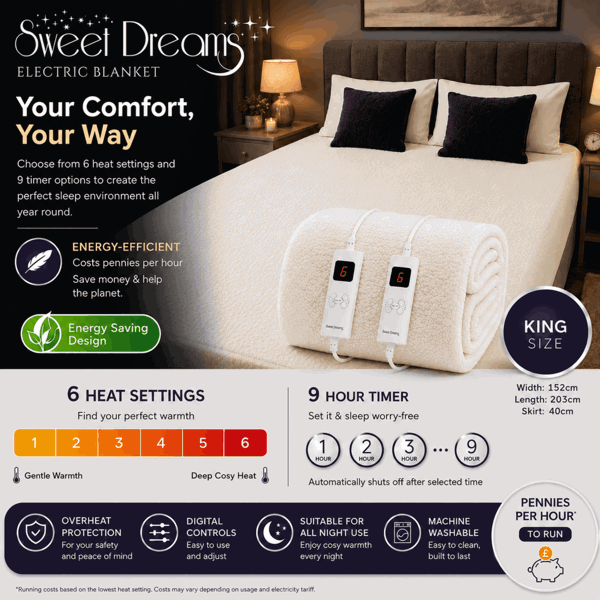 Sweet Dreams Luxury Fleece Electric Blanket King Size, Machine Washable Underblanket, Digital Control, Overheat Protection