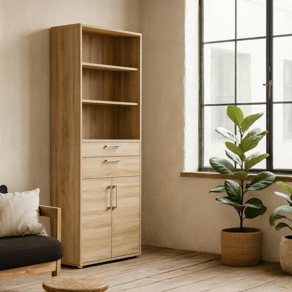 Wyld Haus Dris Natural Oak Wood Effect Bookcase 3 Shelves 4 Drawers