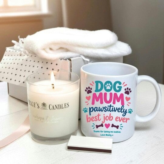 Aye Do Gifts Personalised Dog Mum Pawsitively Best Job Ever Mug, Candle & Socks Gift Hamper | Mum Gift