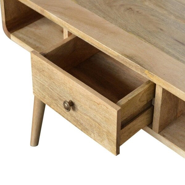 Wyld Haus Urbino Curved Oak Mango Wood Coffee Table 2 Side Drawers Open Shelves
