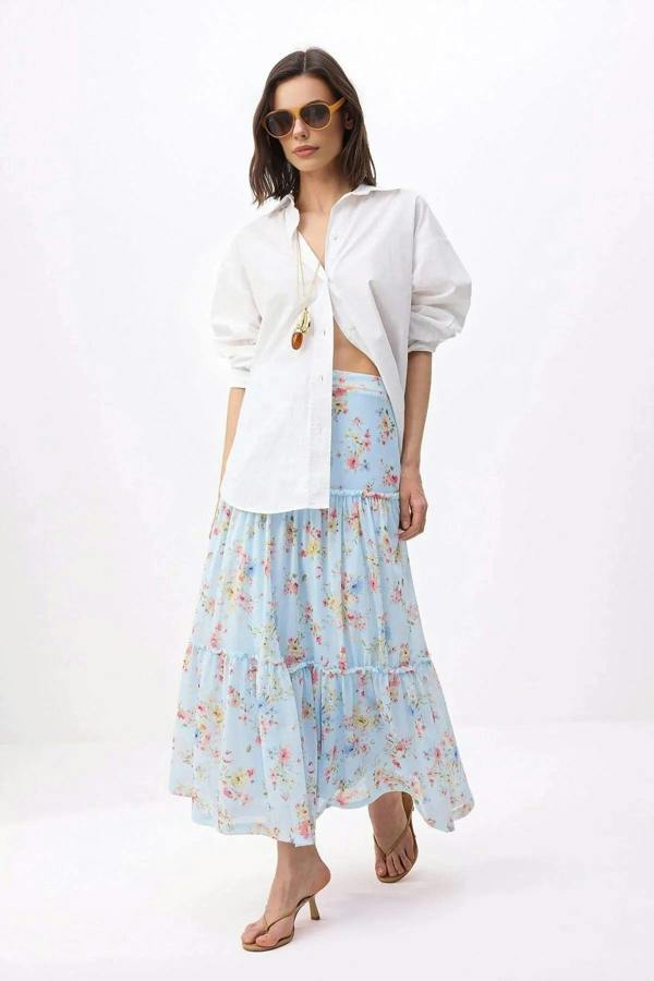WOVCOR Tulle Floral Print Maxi Drape Detail Knitted Skirt