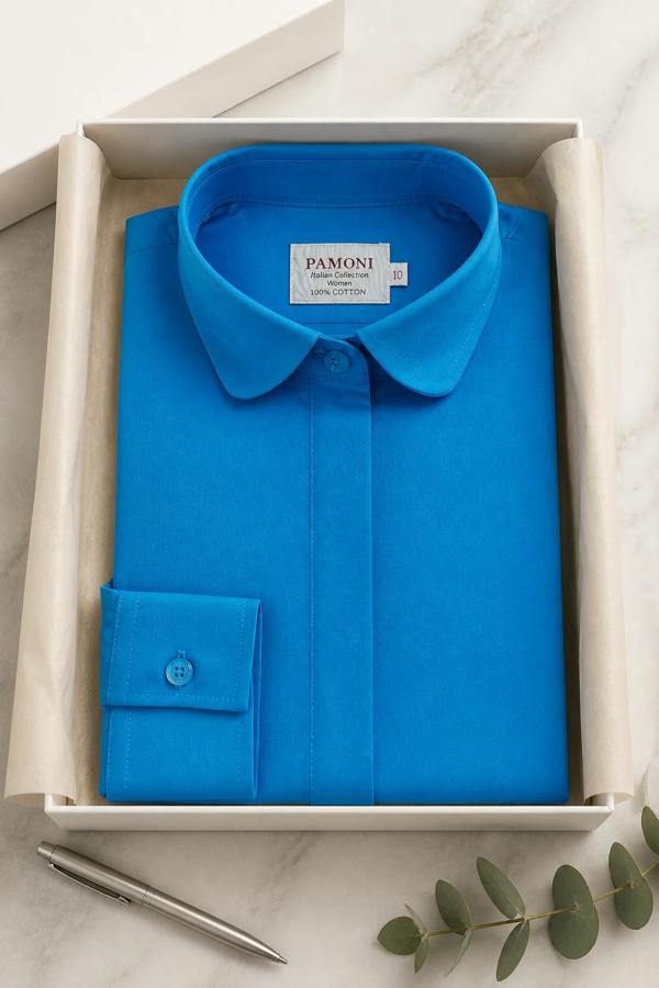 Pamoni Women's Blue Fitted 100% Cotton Shirt