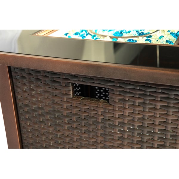 MDA Designs Ostara Stylish Bronze Wicker Garden and Patio Gas Fire Pit Multi-Purpose Glass Tabletop Outdoor Smoke-Free Heater