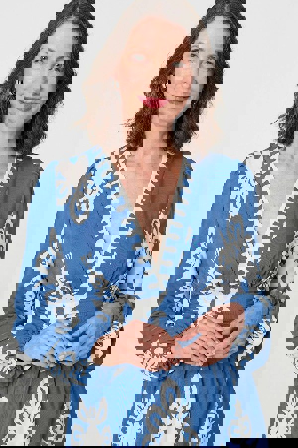 Blue | Ikat Print Empire Kimono Maxi Dress
