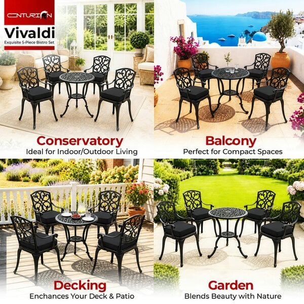 Centurion Supports VIVALDI Black 5-Piece Cast Aluminium Garden Bistro Set - with Black Cushions