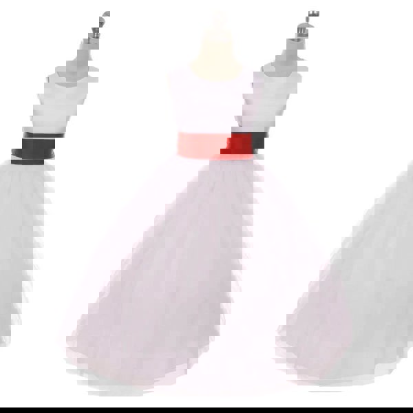 White dress with a red sash 