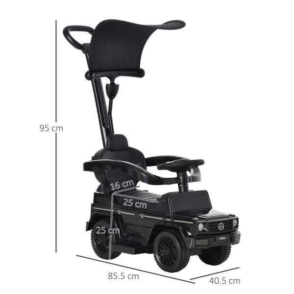 Black kids ride-on push car with footrest and steering wheel, angled side view