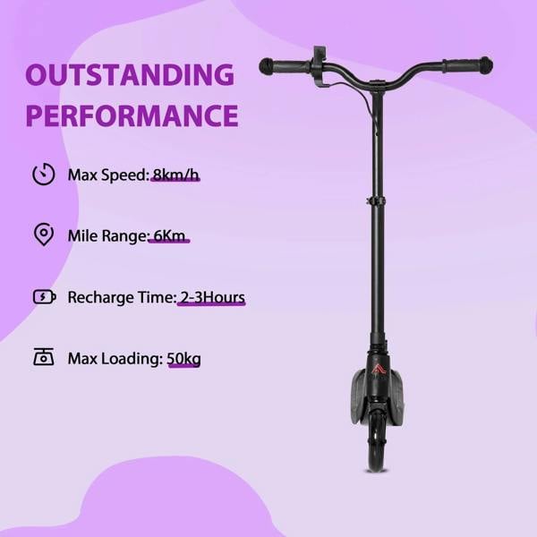Black electric scooter with upright frame and small front wheel